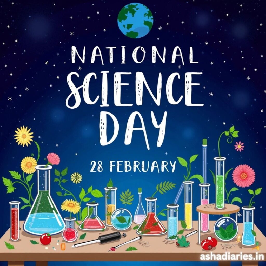 National Science Day 28 February celebration poster with colorful laboratory glassware, test tubes, plants, Earth illustration and science theme background for awareness and education.