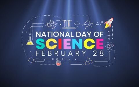 The image depicts a promotional graphic for the National Day of Science, observed on February 28. It features a vibrant and colorful design with symbols related to various scientific fields, such as a rocket, test tubes, and atoms, interconnected by circuit-like lines against a dark blue background. This design highlights the importance and diverse aspects of science.