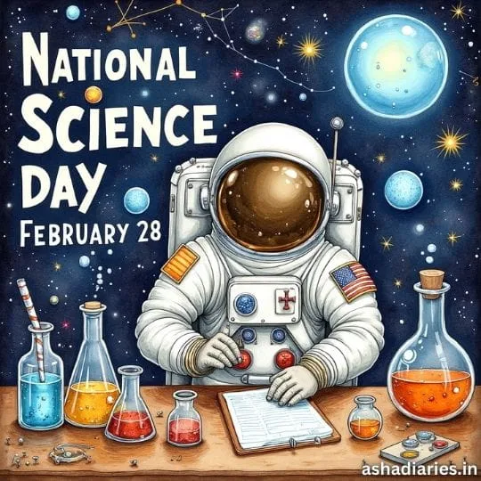National Science Day February 28 poster featuring astronaut with science lab equipment and space theme illustration.