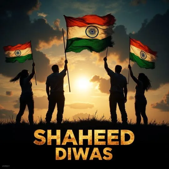 Silhouettes of people holding Indian national flags at sunset celebrating Shaheed Diwas and honoring martyrs' sacrifice