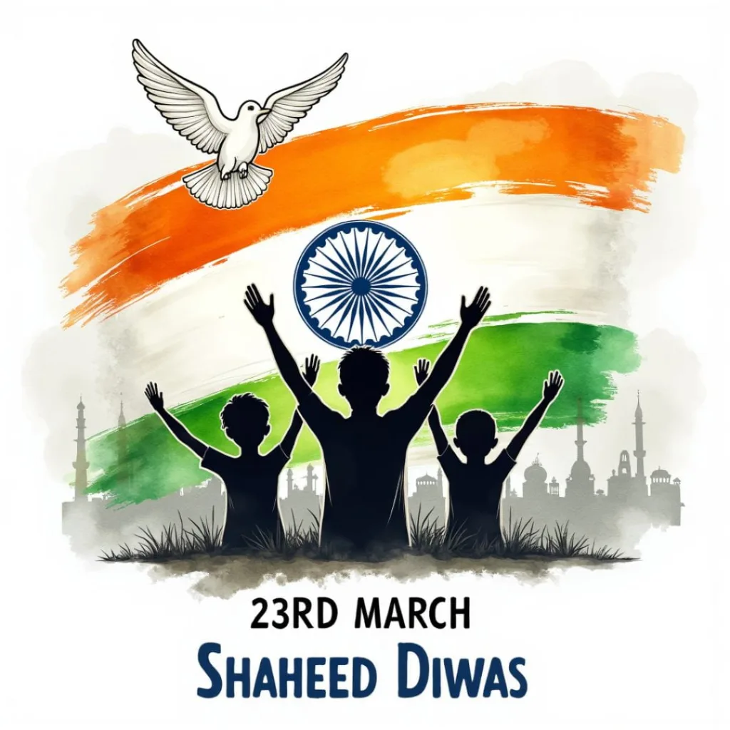 Shaheed Diwas 23 March patriotic illustration with Indian flag Ashoka Chakra children silhouettes and dove symbol of peace India tribute to martyrs