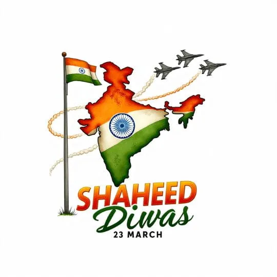 Shaheed Diwas illustration with India map in tricolor, Ashoka Chakra, Indian flag and fighter jets tribute