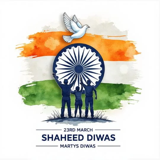 Shaheed Diwas illustration with Indian tricolor, Ashoka Chakra, dove of peace and people honoring martyrs of India