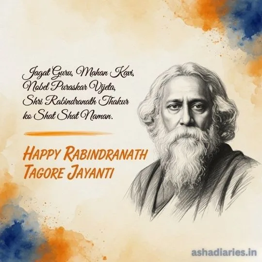 Rabindranath Tagore Jayanti tribute image with artistic sketch portrait and Hindi greeting text honoring Gurudev