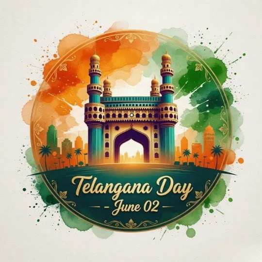 Telangana Day artistic badge design with Charminar monument and tricolor watercolor background