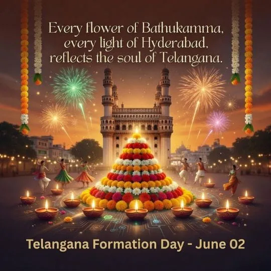 Telangana Formation Day celebration with Bathukamma flowers, Charminar, diyas and festive fireworks