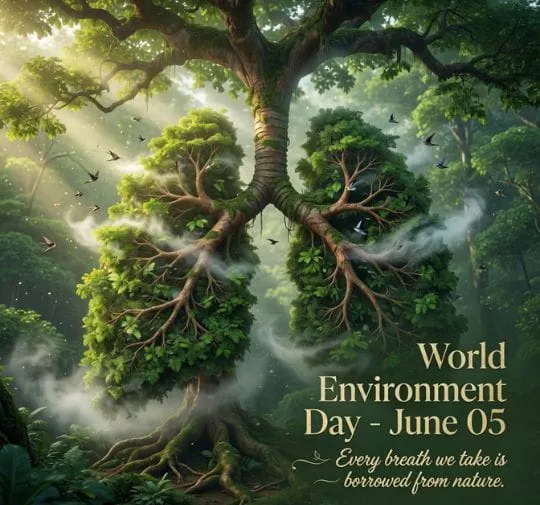 Tree shaped like human lungs in forest for environmental awareness and clean air message