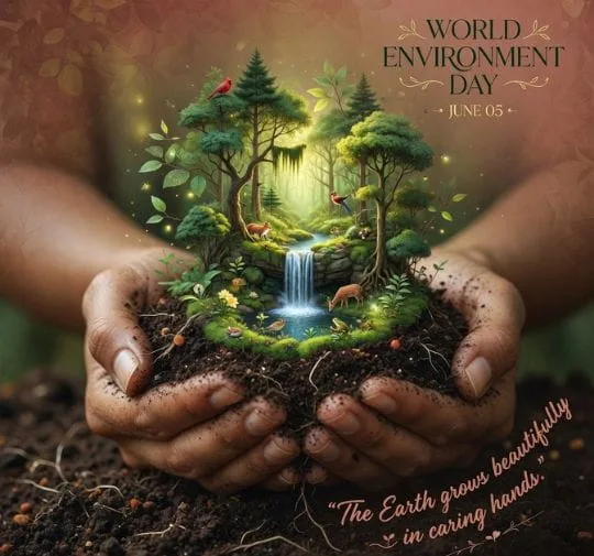 Hands holding miniature forest with waterfall and wildlife for World Environment Day awareness