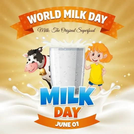 World Milk Day cartoon poster with milk glass, cow and smiling child illustration