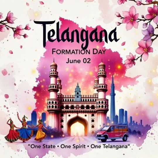 Telangana Formation Day artwork with Charminar, cultural dancers, flowers and modern city skyline