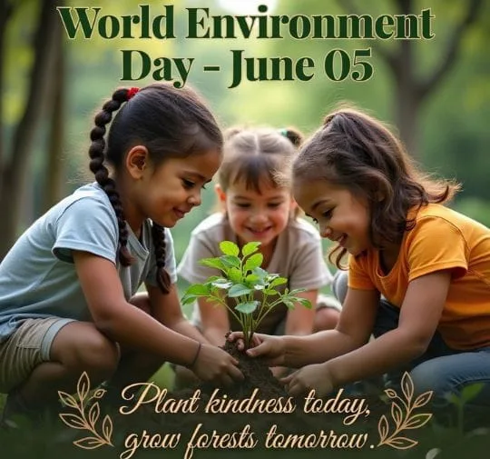 Children planting a sapling together on World Environment Day to promote greenery and nature care