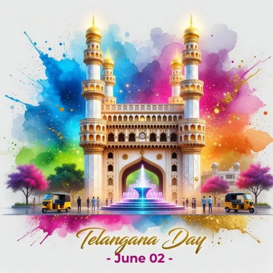 Colorful Telangana Day artwork with Charminar inspired monument, watercolor splash background and festive city scene