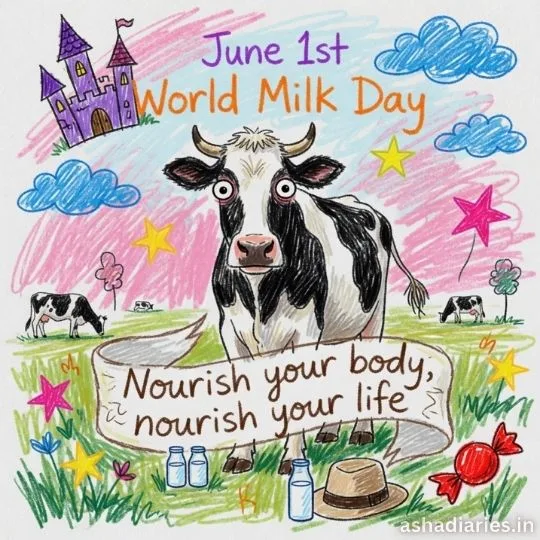 Cute World Milk Day drawing with cow, colorful doodles and healthy milk message illustration