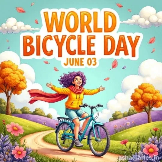 Cute cartoon girl riding bicycle in colorful nature landscape celebrating World Bicycle Day