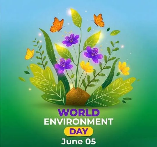 World Environment Day illustration with colorful flowers, butterflies and green leaves