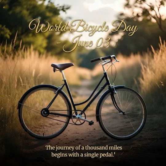 Classic bicycle on countryside path with inspirational quote celebrating World Bicycle Day