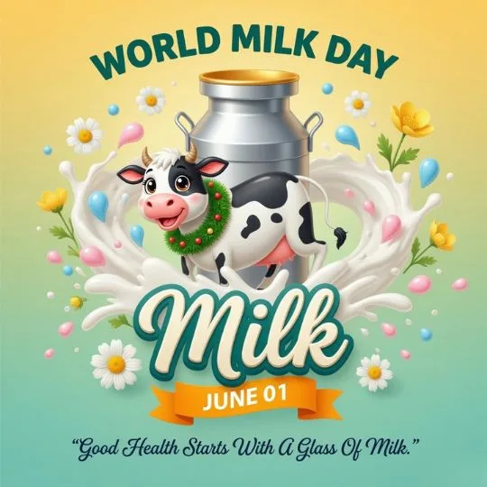 Cute World Milk Day cartoon cow image with milk splash and dairy celebration theme