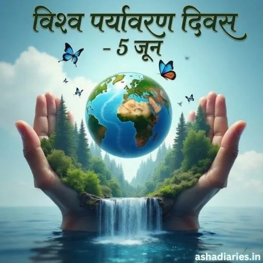 World Environment Day image showing Earth protected by caring hands with forest and waterfall theme