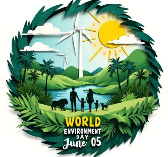 World Environment Day artwork featuring family, green nature, solar energy, and eco-friendly living
