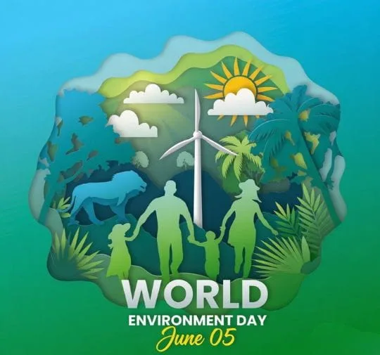 World Environment Day paper art illustration with family, wildlife and renewable energy