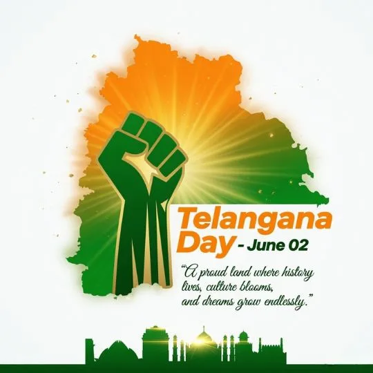 Telangana Day poster with raised fist over state map, sunburst rays, and landmarks silhouette