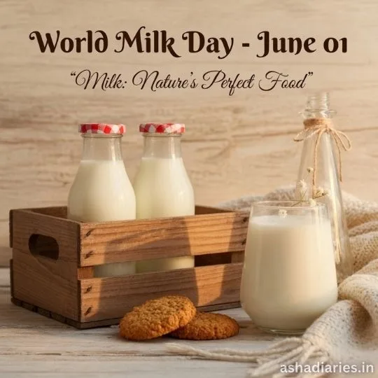 Rustic World Milk Day setup with fresh milk bottles, glass and cookies on wooden table