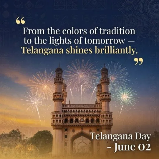 Happy Telangana Formation Day artwork with traditional woman, flowers, heritage architecture and festive decorations