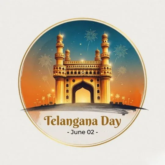Telangana Day circular emblem with Charminar monument and festive fireworks background
