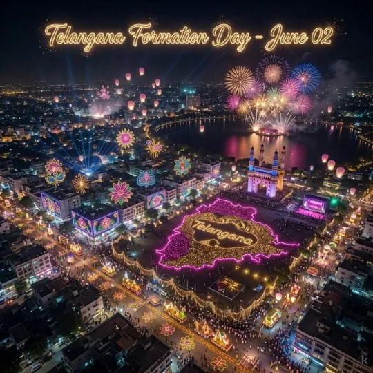 Telangana Formation Day night celebration with fireworks, illuminated cityscape and festive cultural lights