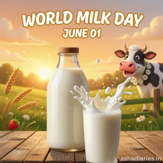 World Milk Day milk bottle and glass splash with cute cow in countryside background