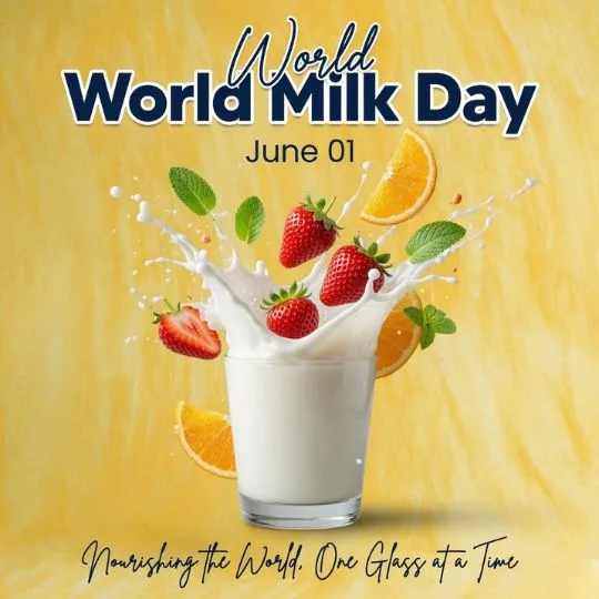 World Milk Day image with fresh milk glass, strawberries, oranges and healthy nutrition theme