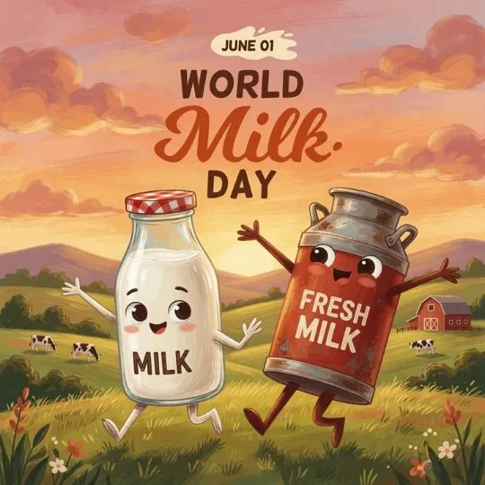 Cute World Milk Day cartoon image with milk bottle and fresh milk can in countryside farm