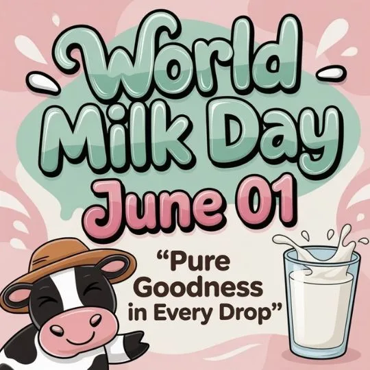 Cute World Milk Day cartoon poster with smiling cow and milk glass illustration