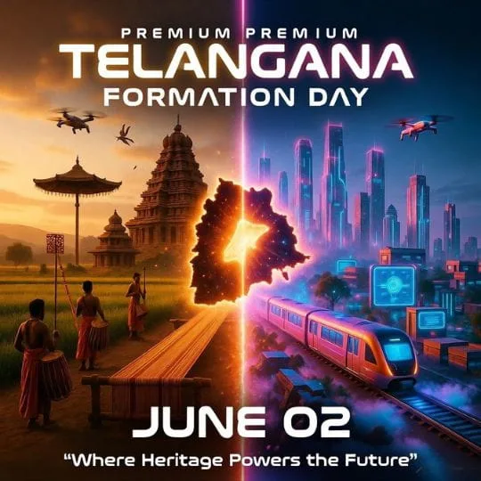 Telangana Formation Day futuristic artwork with heritage temples, modern skyline, metro train and technology theme