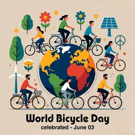People riding bicycles around globe illustration promoting World Bicycle Day and eco friendly lifestyle