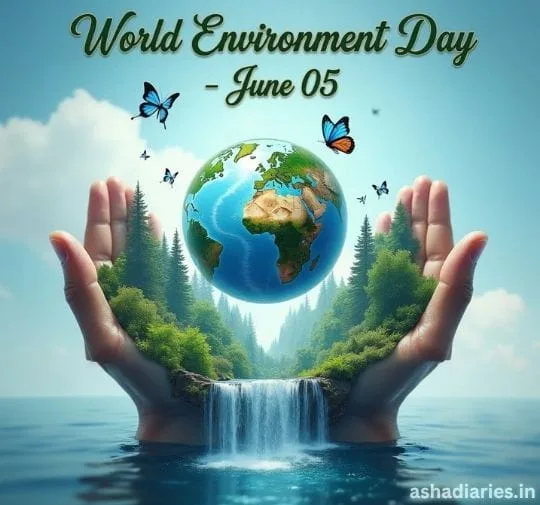 World Environment Day image with Earth, waterfalls, forests and protective hands