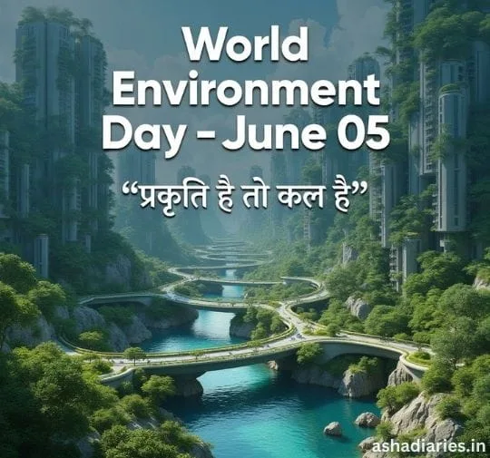 World Environment Day futuristic green eco city with rivers and nature conservation message in Hindi