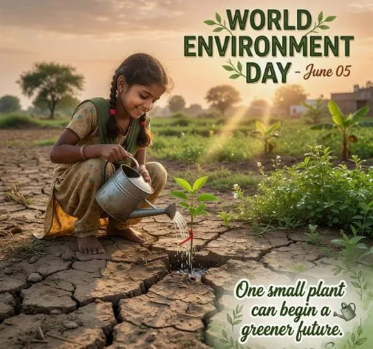 Young girl watering a small plant in dry land for environmental awareness and green future message