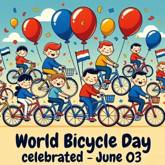 Cute children riding bicycles with balloons celebrating World Bicycle Day cartoon illustration