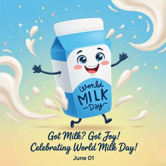 Cute animated milk carton character celebrating World Milk Day with joyful design