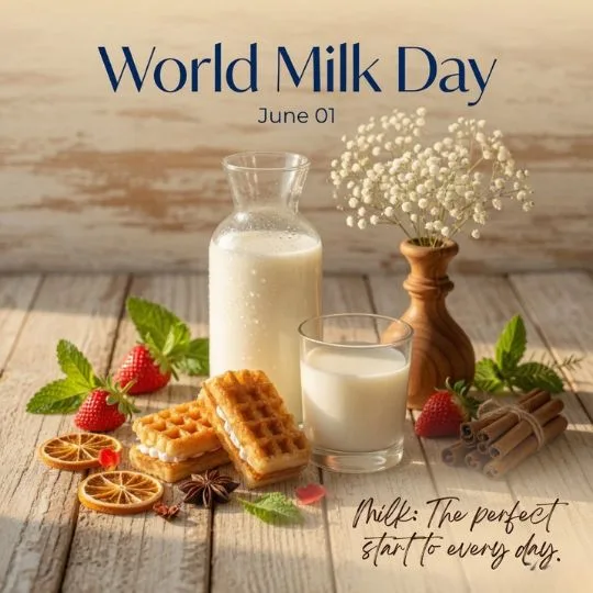 World Milk Day breakfast image with fresh milk bottle, waffles, fruits and healthy lifestyle theme