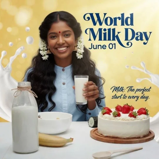 Happy girl holding glass of milk with breakfast setup for World Milk Day celebration
