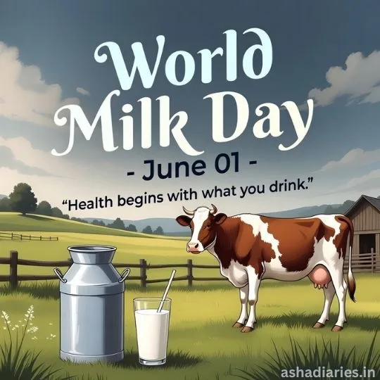 World Milk Day image with cow, fresh milk glass and dairy farm background celebrating health and nutrition.