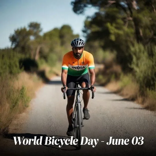 Indian cyclist riding bicycle on scenic road celebrating World Bicycle Day with fitness and healthy lifestyle theme