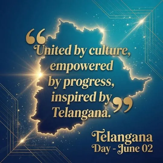 Telangana Day inspirational quote artwork with glowing Telangana map and elegant blue background
