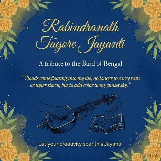 Rabindranath Tagore Jayanti tribute graphic with floral design, musical illustration, and inspirational quote.