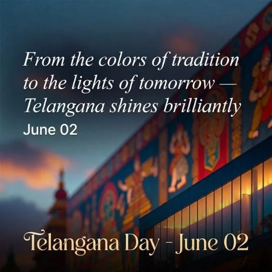 Telangana Day inspirational poster with colorful traditional murals and glowing building at dusk