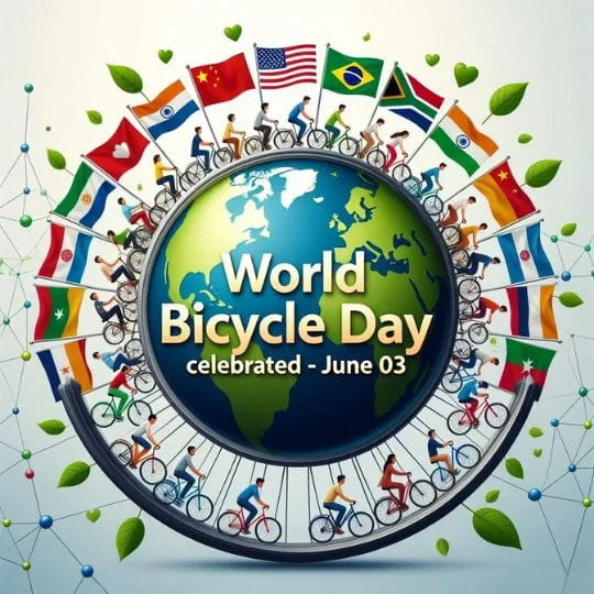 Global World Bicycle Day illustration with cyclists and international flags around Earth
