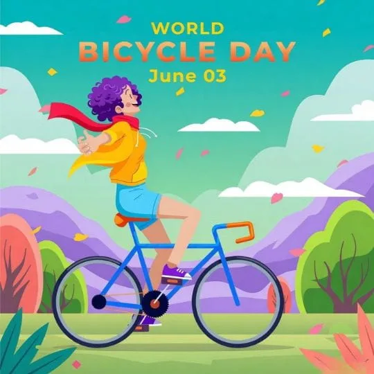 World Bicycle Day colorful cartoon illustration of joyful girl riding bicycle in nature landscape