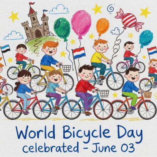 World Bicycle Day cute children cycling illustration with colorful balloons and joyful celebration theme